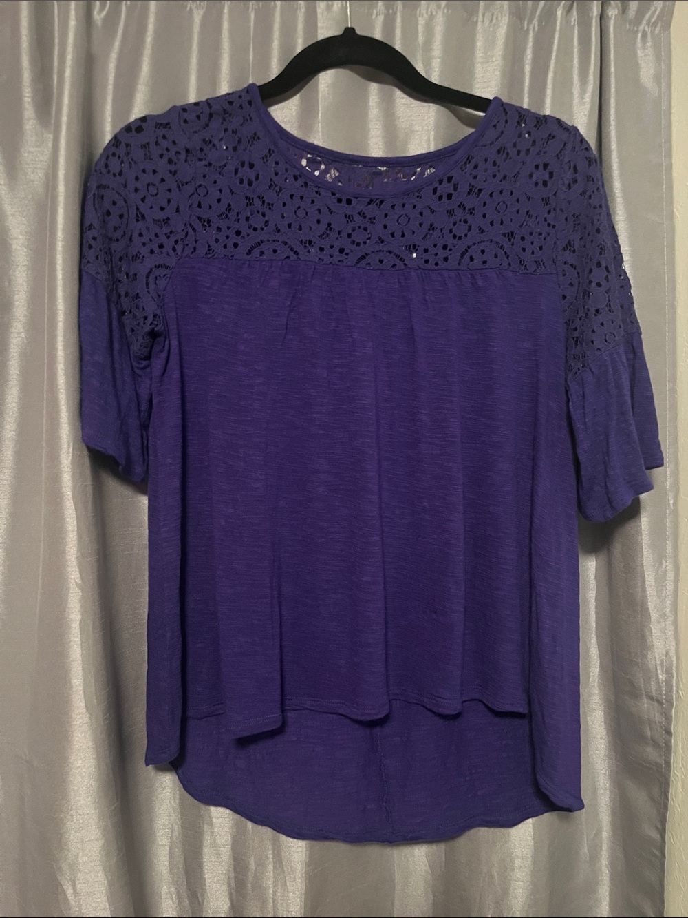 Source Unknown Purple Crochet Yoke Short Sleeve Top